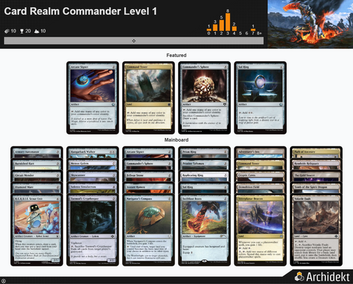 Card Realm Commander Level 1 - Full card stack overview showing featured staples and mainboard